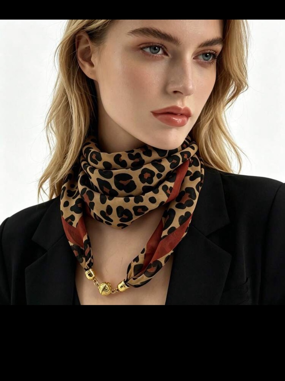 Leopard Print Silk-Look Neck Scarf with Gold Clasp - Brown